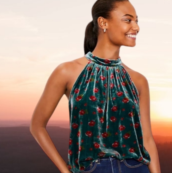 LOFT Tops - NWT Floral Velvet Shirred Halter Top